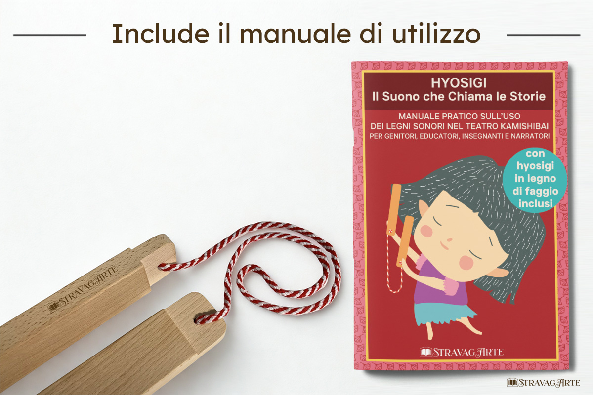 Hyoshigi in legno StravagArte con corda intrecciata rossa e bianca, strumento sonoro artigianale per teatro kamishibai, narrazione e attività educative include il manuale di utilizzo