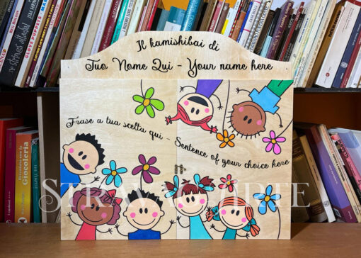 LN001 STRAVAGARTE TEATRINO KAMISHIBAI A3 DECORATO PERSONALIZZABILE PERSONALIZZATO BAMBINI A TESTA IN SU E IN GIU CON FIORI