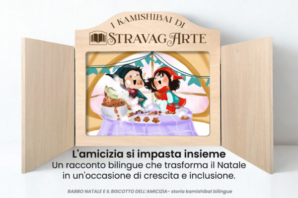 Babbo Natale e il biscotto dell'amicizia - storia kamishibai bilingue di StravagArte con burattini da ritagliare e flashcards - testo italiano e inglese - qr code per materiali didattici extra