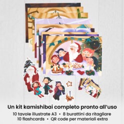 Kamishibai: contenuto del set Babbo Natale e il biscotto dell’amicizia : tavole A3, burattini e flashcards.