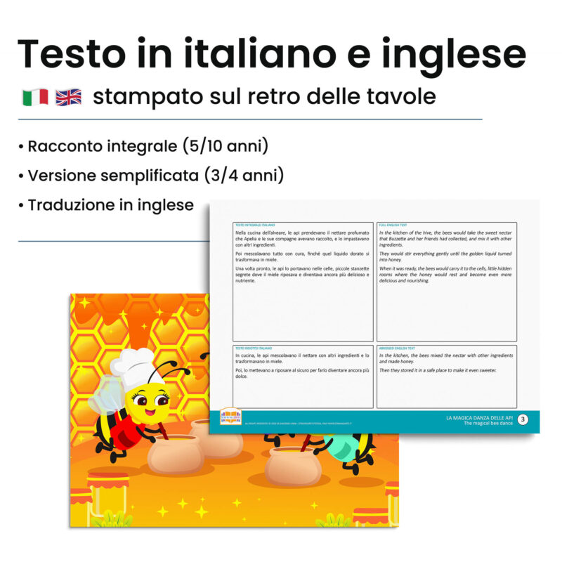 Kamishibai: Retro tavole La Magica Danza delle Api con testo bilingue italiano inglese.