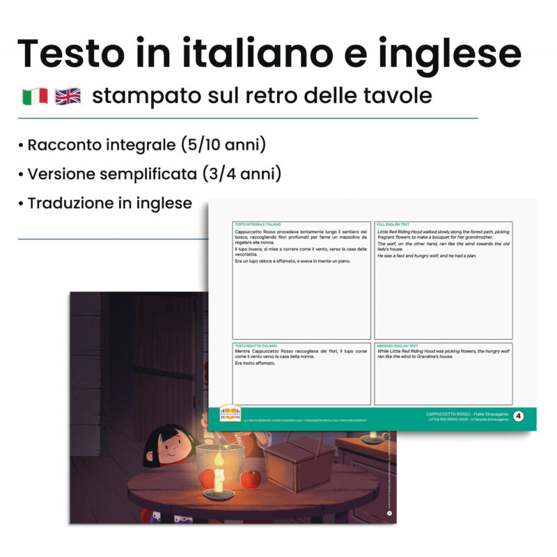Kamishibai: Retro tavole Cappuccetto Rosso Fiaba Stravagante con testo bilingue italiano inglese.