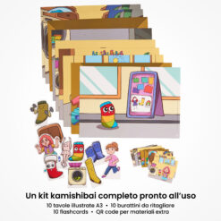 Kamishibai: contenuto del set Il Paese di Calzettonia – Storia di Calzini Spaiati, Bucati e Scoloriti: tavole A3, burattini e flashcards.