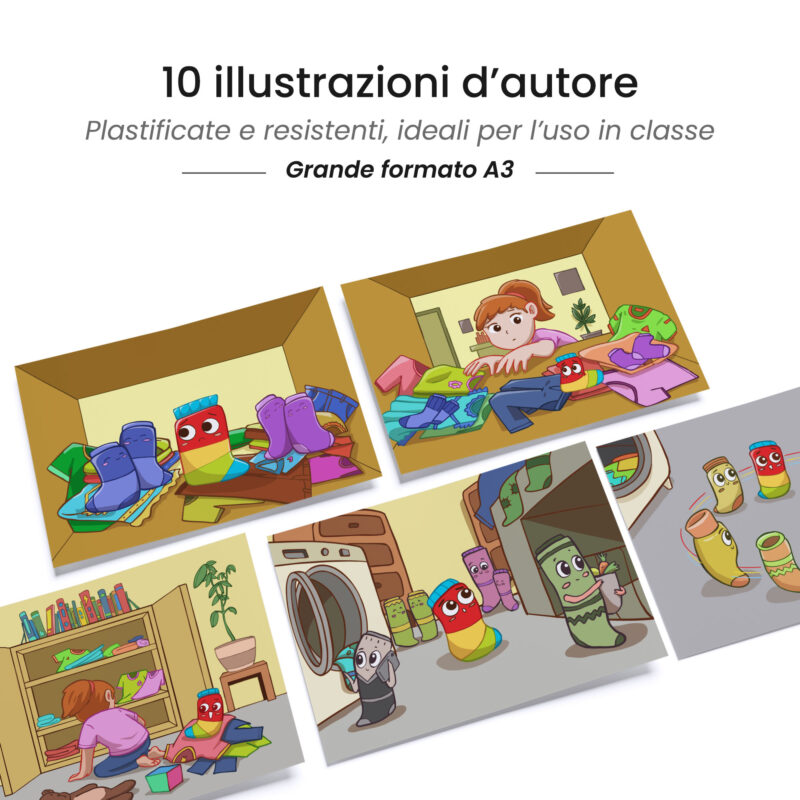 Kamishibai: tavole A3 illustrate per storia Kamishibai Il Paese di Calzettonia – Storia di Calzini Spaiati, Bucati e Scoloriti.