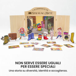 Kamishibai kit Il Paese di Calzettonia – Storia di Calzini Spaiati, Bucati e Scoloriti con burattini e teatrino butai A3 StravagArte.