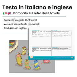 Kamishibai: Retro tavole Il Paese di Calzettonia – Storia di Calzini Spaiati, Bucati e Scoloriti con testo bilingue italiano inglese.