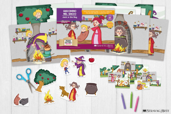 Un sacco, una strega e un bambino che non si lascia acchiappare. Una storia Kamishibai bilingue per letture animate, giochi teatrali e laboratori in classe. Con 12 schede illustrate A3, testo IT/EN integrale e semplificato, burattini, flashcards, QR code per materiali educativi e traduzioni (FR, ES, DE). Dai 2 ai 10 anni. vista flatlay contenuto kit kamishibai. 