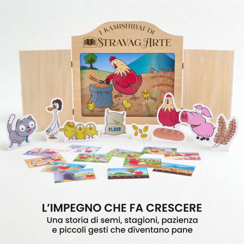 Kamishibai kit La Gallinella Rossa con burattini e teatrino butai A3 StravagArte.