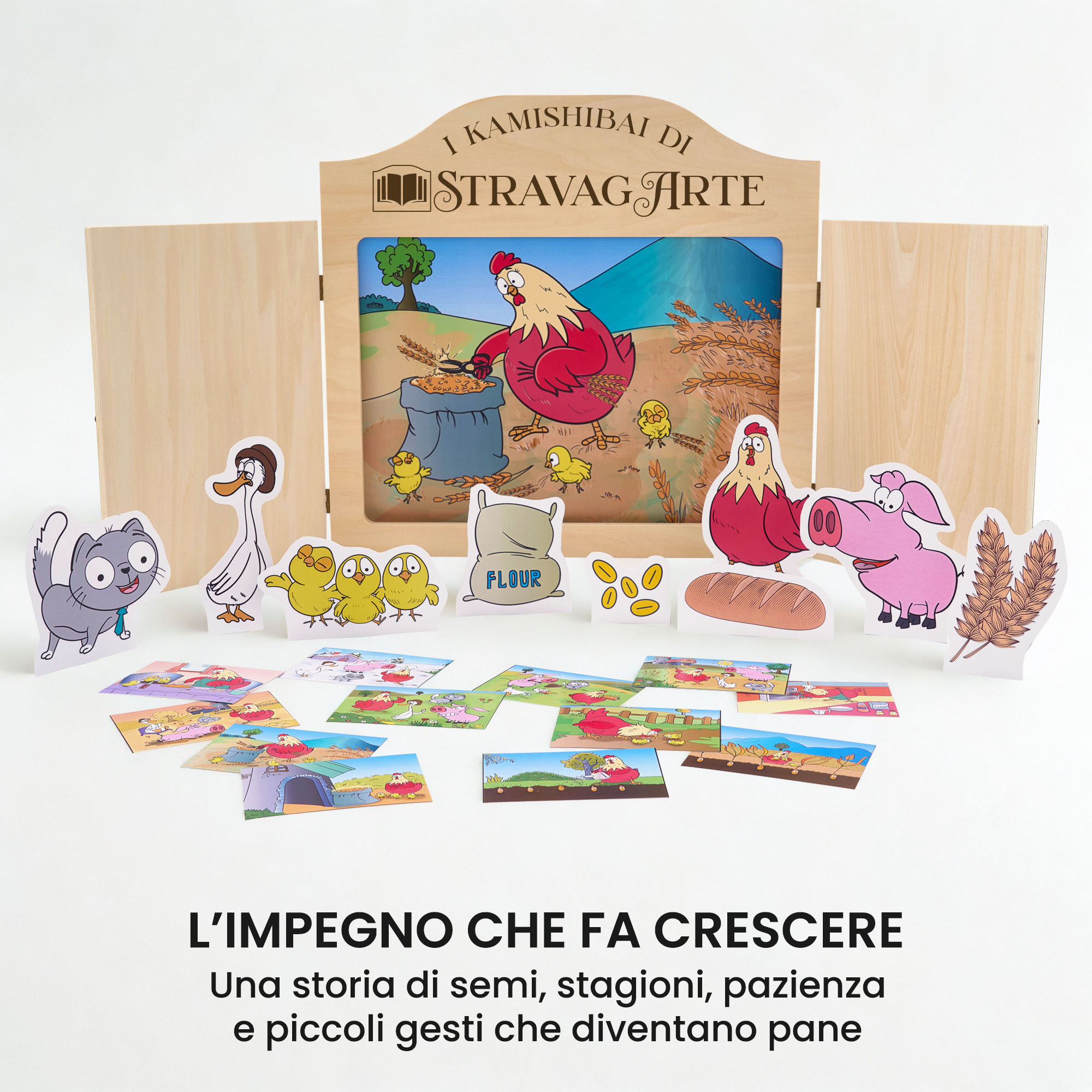Kamishibai kit La Gallinella Rossa con burattini e teatrino butai A3 StravagArte.