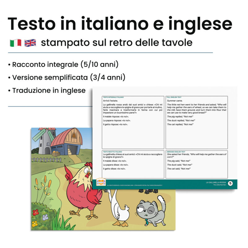 Kamishibai: Retro tavole La Gallinella Rossa con testo bilingue italiano inglese.
