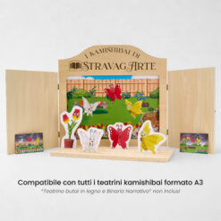 Kamishibai: Tavole A3 Le Tre Farfalle e il Giardino dell’Accoglienza compatibili teatrino legno.
