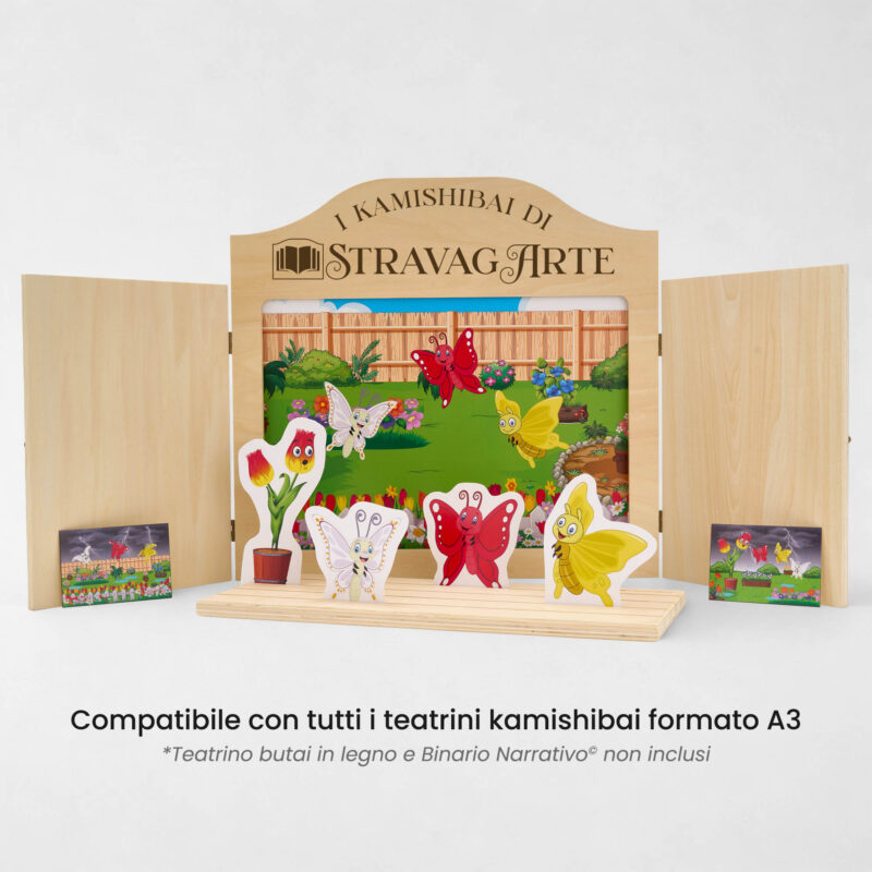 Kamishibai: Tavole A3 Le Tre Farfalle e il Giardino dell’Accoglienza compatibili teatrino legno.