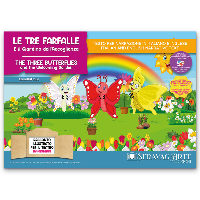 Kamishibai copertina storia bilingue Le Tre Farfalle e il Giardino dell’Accoglienza StravagArte 