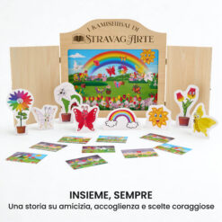 Kamishibai kit Le Tre Farfalle e il Giardino dell’Accoglienza con burattini e teatrino butai A3 StravagArte.