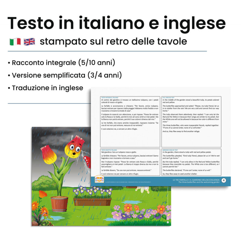 Kamishibai: Retro tavole Le Tre Farfalle e il Giardino dell’Accoglienza con testo bilingue italiano inglese.