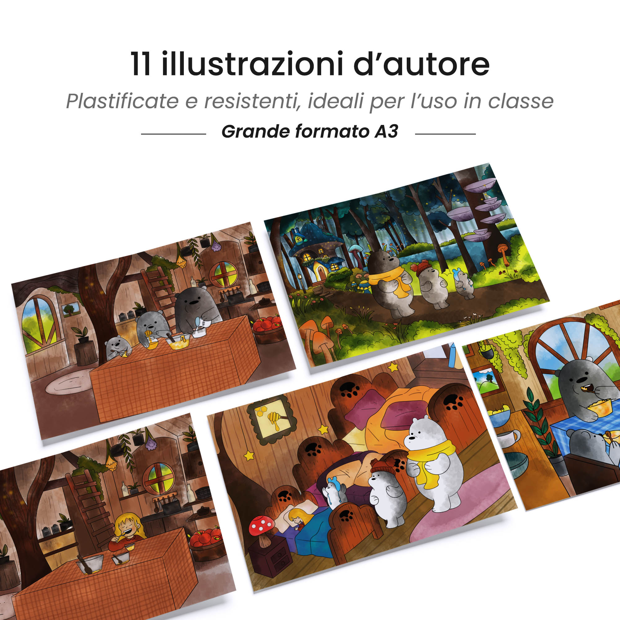 Kamishibai: tavole A3 illustrate per storia Kamishibai Riccioli d’Oro e i Tre Orsi Fiaba Stravagante.