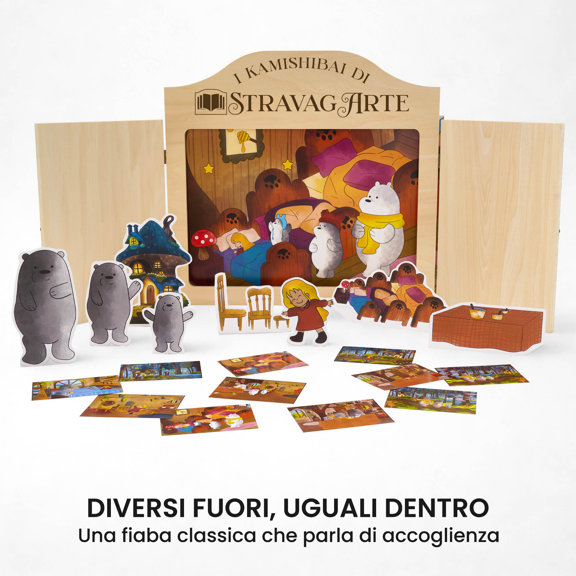 Kamishibai kit Riccioli d’Oro e i Tre Orsi Fiaba Stravagante con burattini e teatrino butai A3 StravagArte.