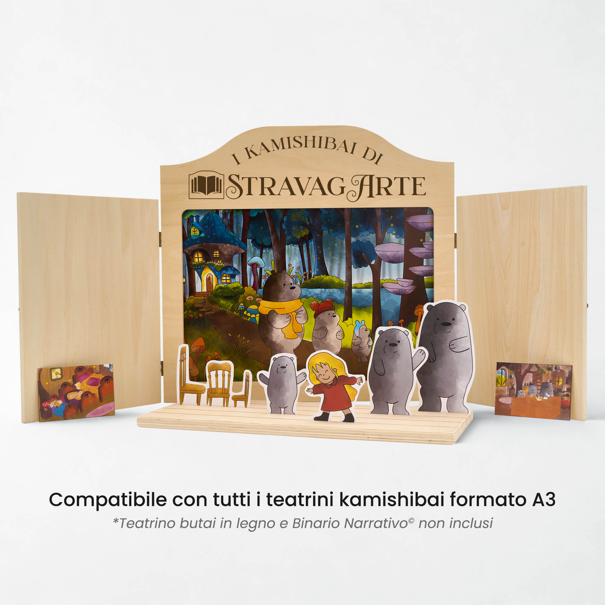 Kamishibai: Tavole A3 Riccioli d’Oro e i Tre Orsi Fiaba Stravagante compatibili teatrino legno.