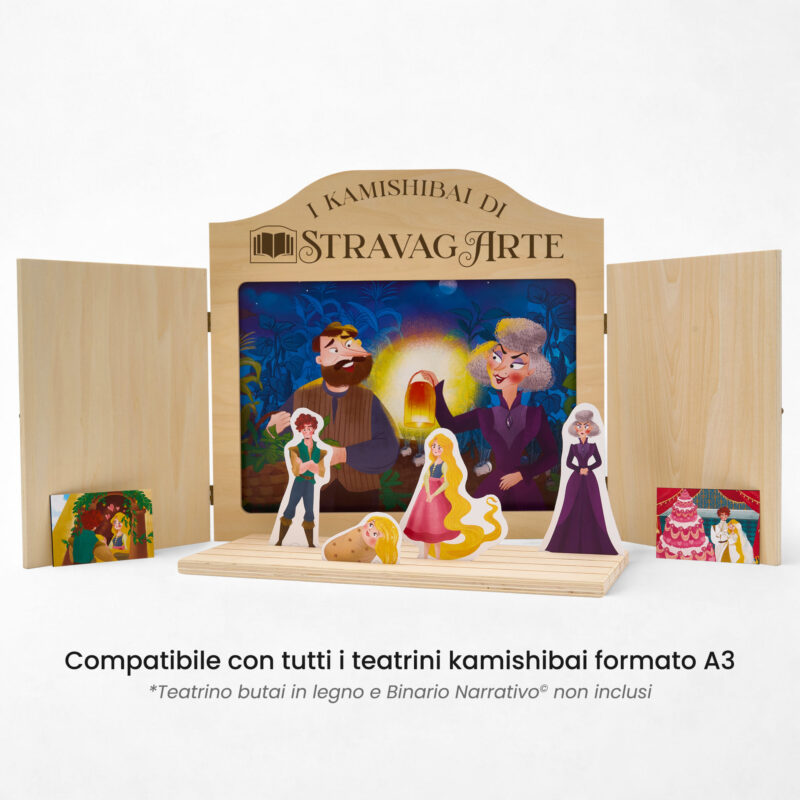 Kamishibai: Tavole A3 Raperonzolo Tirami Su - Fiaba Stravagante compatibili teatrino legno.