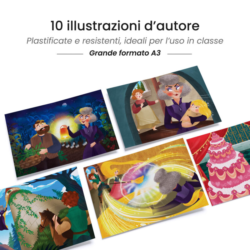 Kamishibai: tavole A3 illustrate per storia Kamishibai Raperonzolo Tirami Su - Fiaba Stravagante.