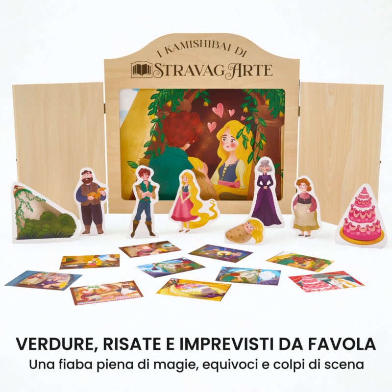 Kamishibai kit Raperonzolo Tirami Su - Fiaba Stravagante con burattini e teatrino butai A3 StravagArte.