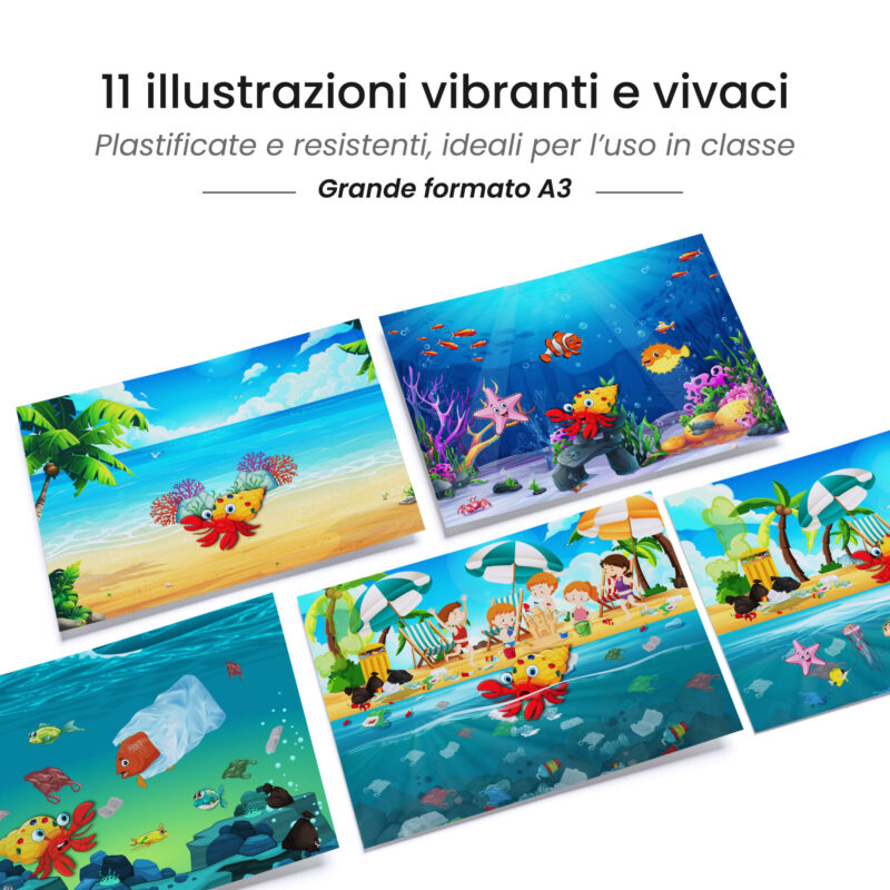 Kamishibai: tavole A3 illustrate per storia Kamishibai Arturo il Paguro al Salvataggio del Mare.