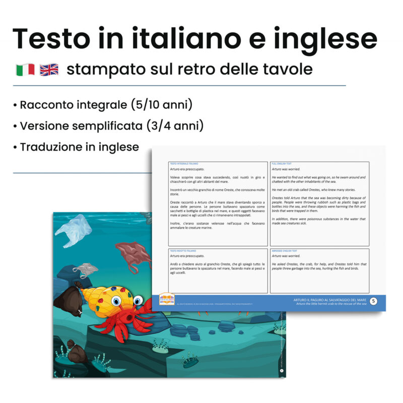 Kamishibai: Retro tavole Arturo il Paguro al Salvataggio del Mare con testo bilingue italiano inglese.