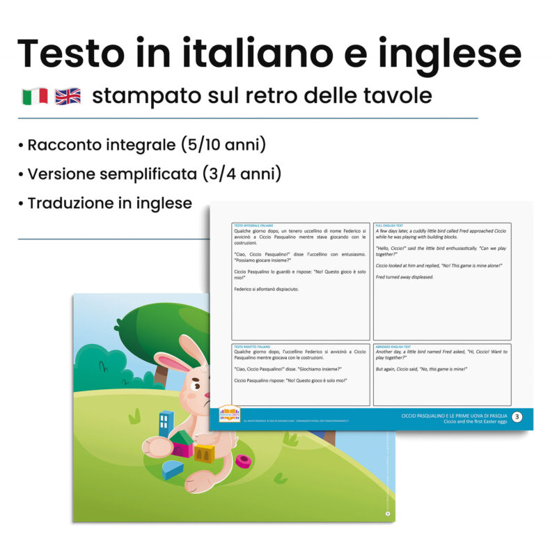 Kamishibai: Retro tavole Ciccio Pasqualino e le Prime Uova di Pasqua con testo bilingue italiano inglese.