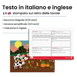 Kamishibai: Retro tavole La Rapa Gigante con testo bilingue italiano inglese.