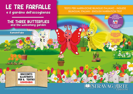 LE TRE FARFALLE E IL GIARDINO DELL'ACCOGLIENZA - storia kamishibai bilingue StravagARte - copertina fronte