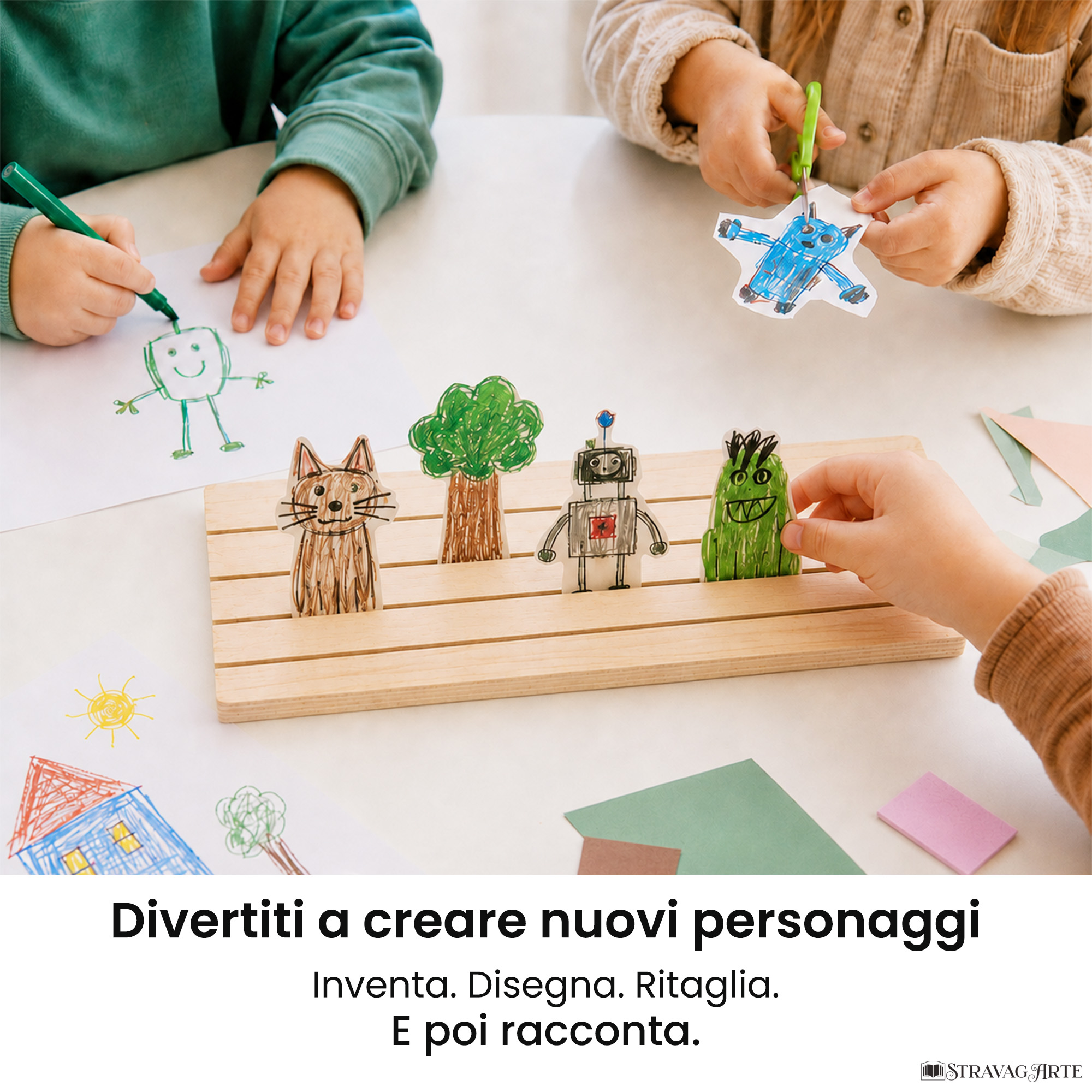 Bambini che disegnano, ritagliano e creano personaggi da usare sul Binario Narrativo