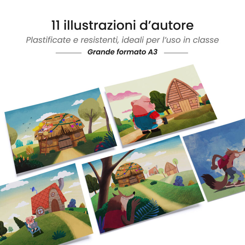 Kamishibai: tavole A3 illustrate per storia Kamishibai I Tre Porcellini Fiaba Stravagante.