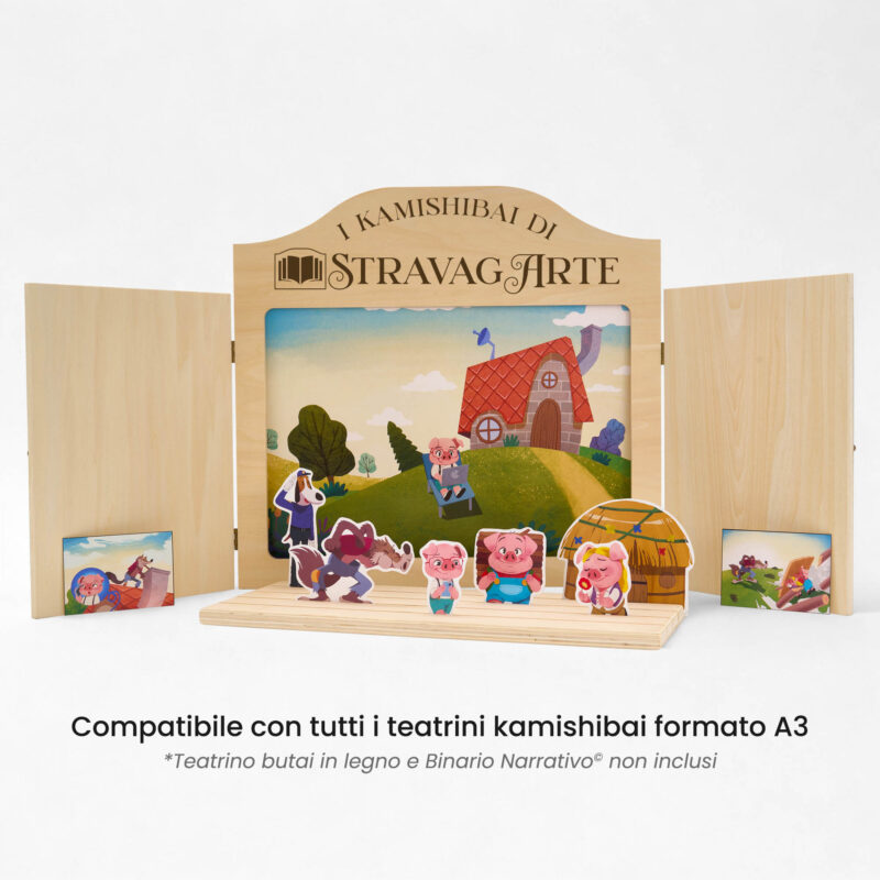 Kamishibai: Tavole A3 I Tre Porcellini Fiaba Stravagante compatibili teatrino legno.