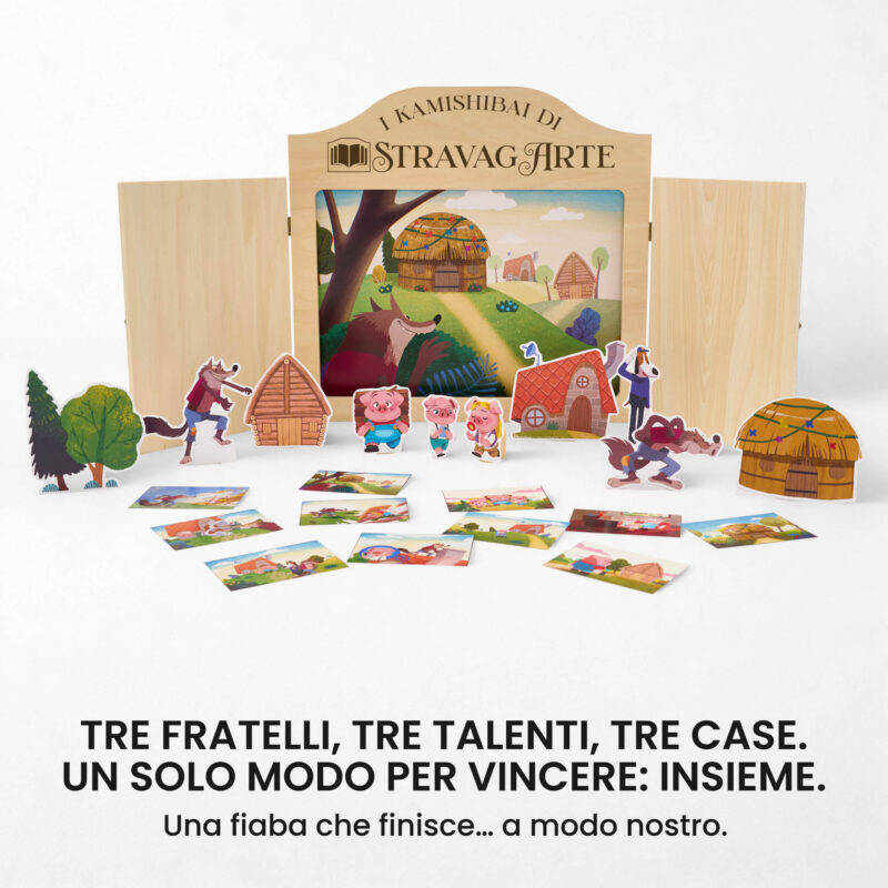 Kamishibai kit I Tre Porcellini Fiaba Stravagante con burattini e teatrino butai A3 StravagArte.