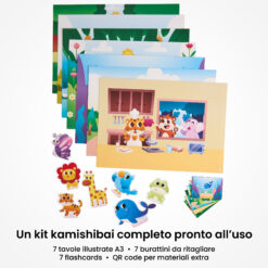 Kamishibai: contenuto del set La Settimana a Colori degli Animali: tavole A3, burattini e flashcards.