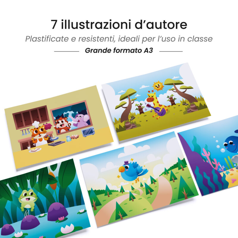 Kamishibai: tavole A3 illustrate per storia Kamishibai La Settimana a Colori degli Animali.