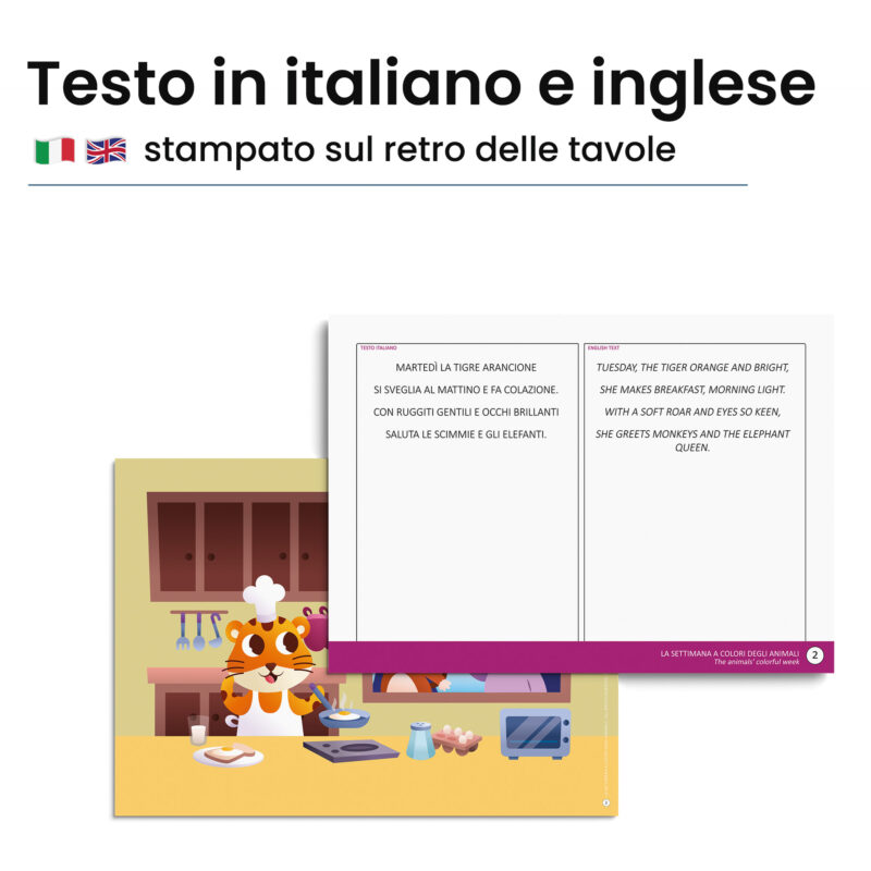Kamishibai: Retro tavole La Settimana a Colori degli Animali con testo bilingue italiano inglese.