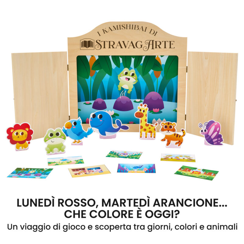 Kamishibai kit La Settimana a Colori degli Animali con burattini e teatrino butai A3 StravagArte.
