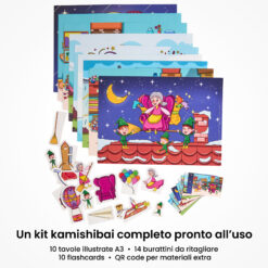 Kamishibai: contenuto del set La Befana e le Prove di Volo: tavole A3, burattini e flashcards.