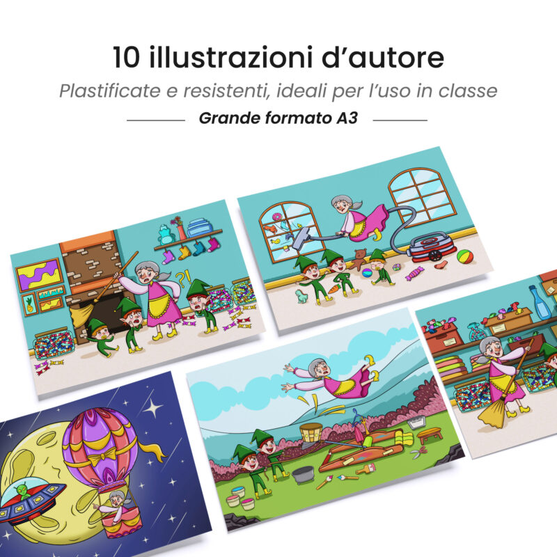 Kamishibai: tavole A3 illustrate per storia Kamishibai La Befana e le Prove di Volo.
