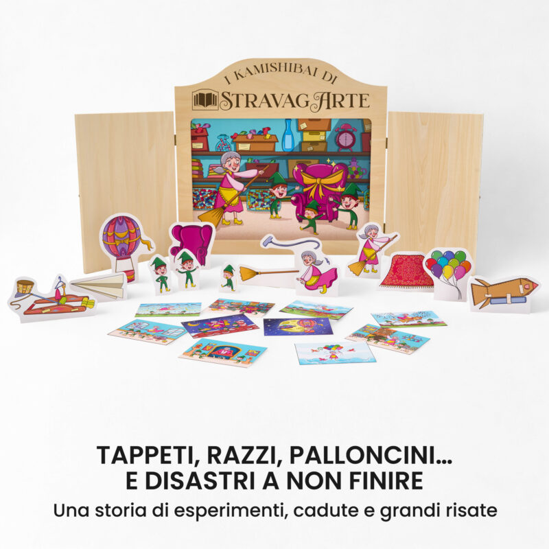 Kamishibai kit La Befana e le Prove di Volo con burattini e teatrino butai A3 StravagArte.