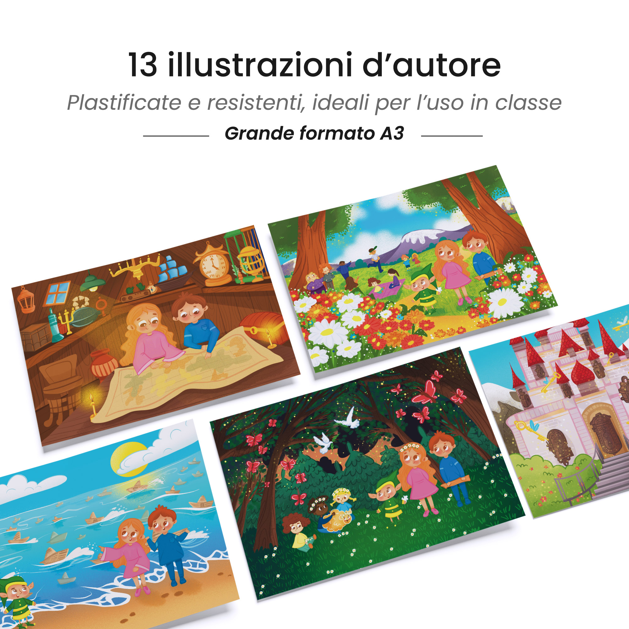 Kamishibai: tavole A3 illustrate per storia Kamishibai Viaggio nel Mondo Diritto: Un’avventura alla Scoperta dei Diritti dei Bambini.