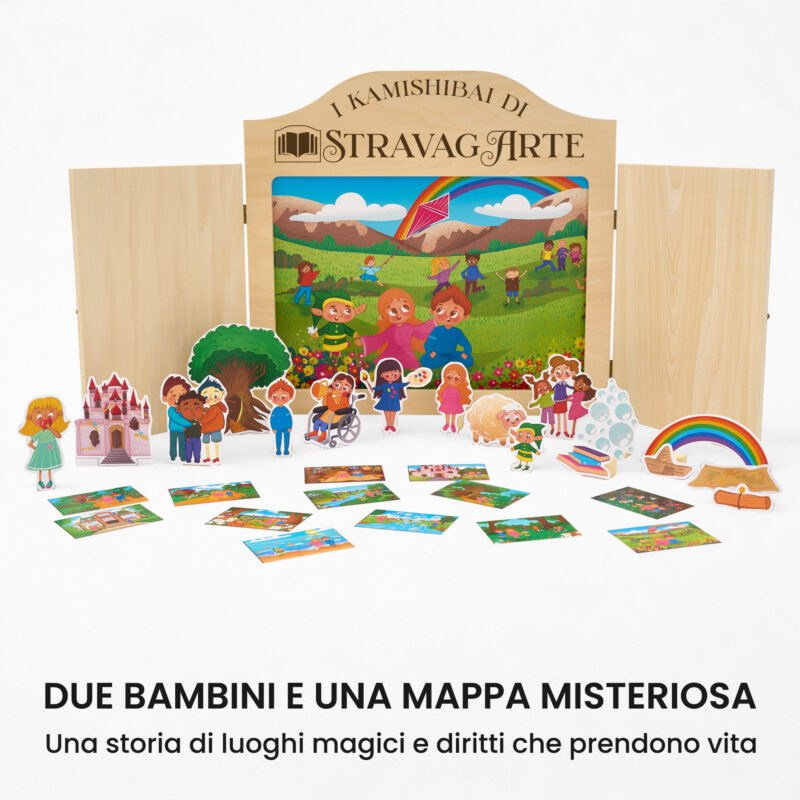 Kamishibai kit Viaggio nel Mondo Diritto: Un’avventura alla Scoperta dei Diritti dei Bambini con burattini e teatrino butai A3 StravagArte.