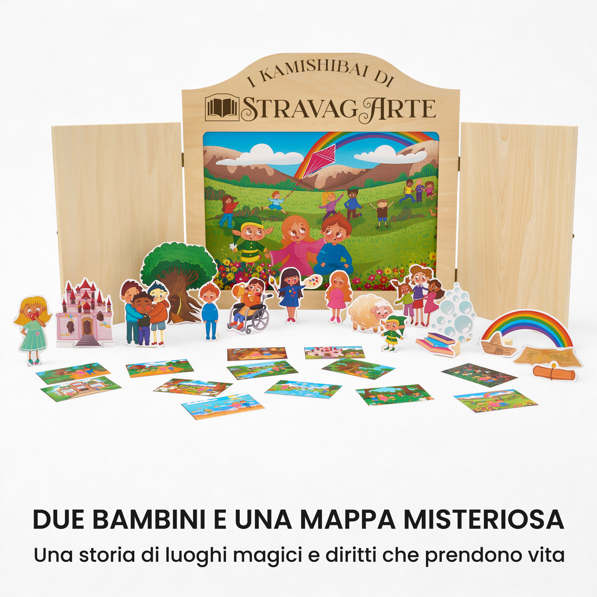 Kamishibai kit Viaggio nel Mondo Diritto: Un’avventura alla Scoperta dei Diritti dei Bambini con burattini e teatrino butai A3 StravagArte.