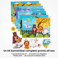 Kamishibai: contenuto del set Il Grande Miscuglio delle Stagioni: tavole A3, burattini e flashcards.