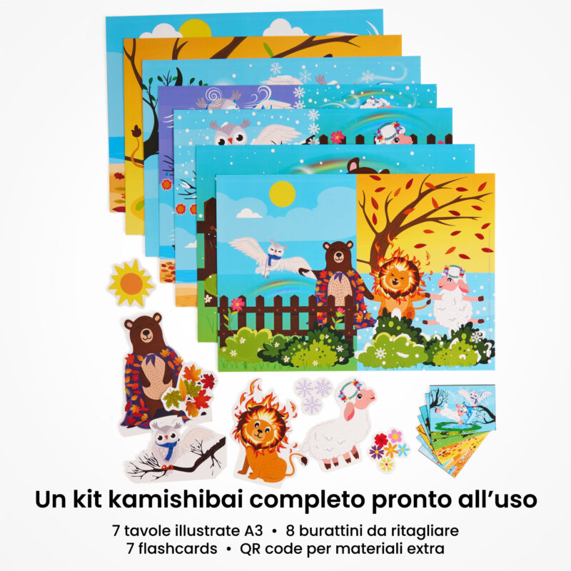 Kamishibai: contenuto del set Il Grande Miscuglio delle Stagioni: tavole A3, burattini e flashcards.
