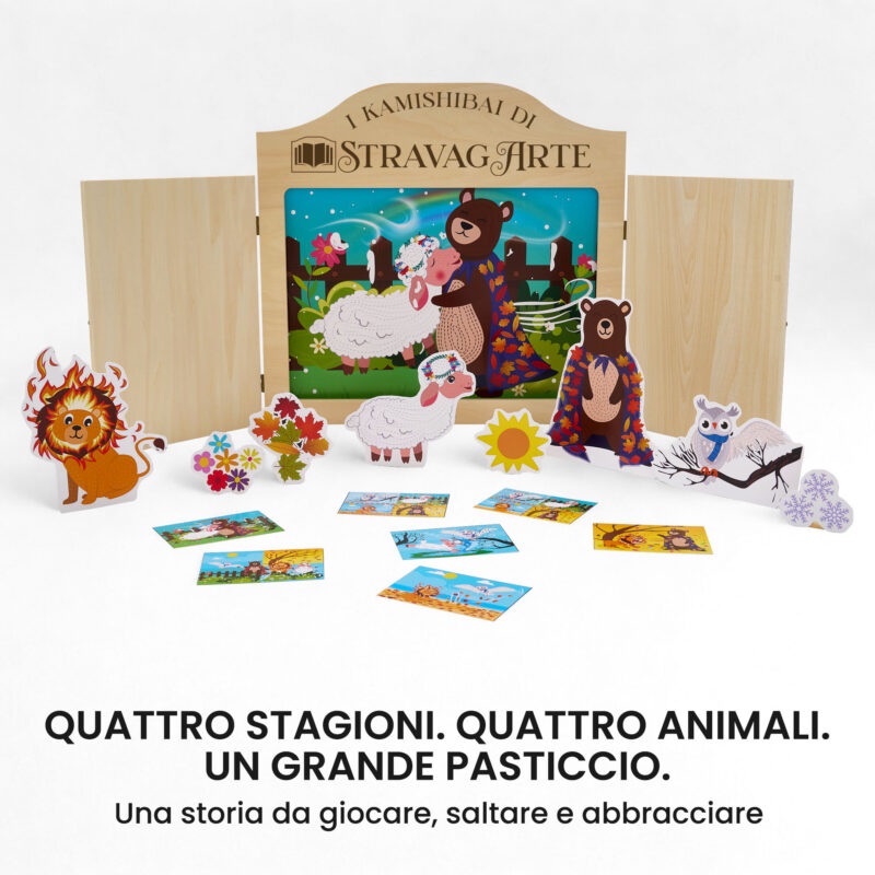 Kamishibai kit Il Grande Miscuglio delle Stagioni con burattini e teatrino butai A3 StravagArte.
