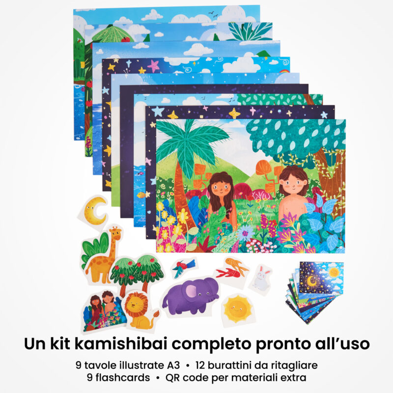 Kamishibai: contenuto del set Il Racconto del Principio: Storia della Creazione Narrata ai Bambini: tavole A3, burattini e flashcards.