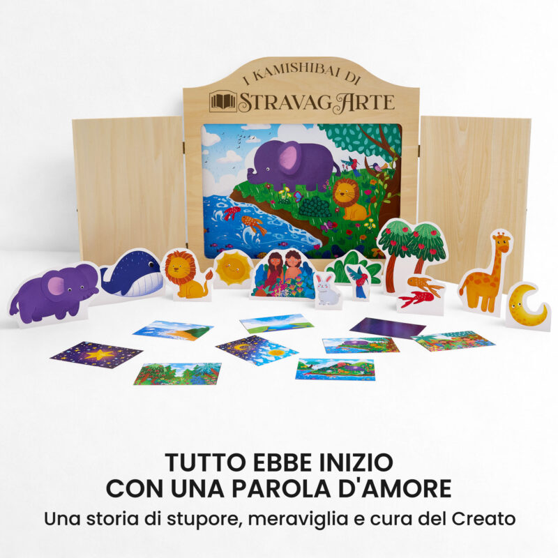 Kamishibai kit Il Racconto del Principio: Storia della Creazione Narrata ai Bambini con burattini e teatrino butai A3 StravagArte.