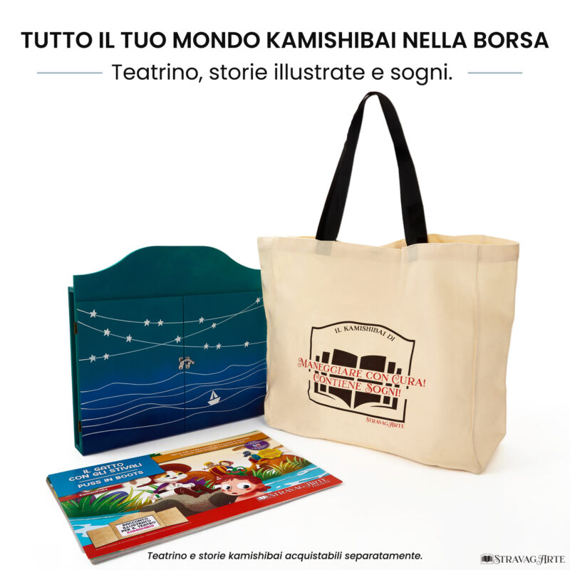 KamishiBag borsa porta teatrino kamishibai A3 con teatrino e storia illustrata accanto